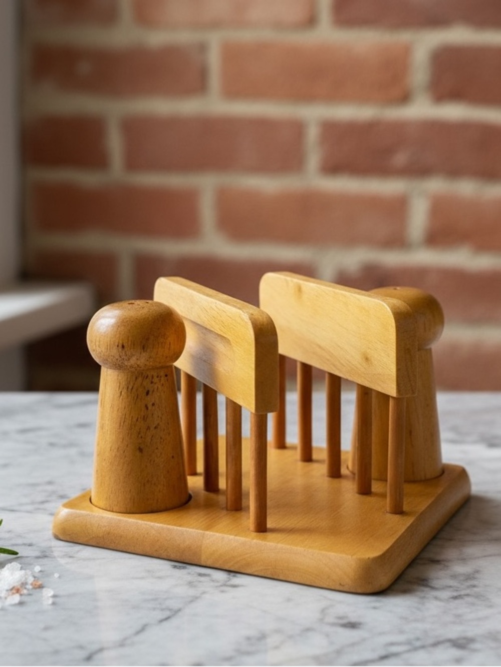 Vintage Mid Century Wooden Napkin Holder & Salt Pepper Shaker Set Taiwan